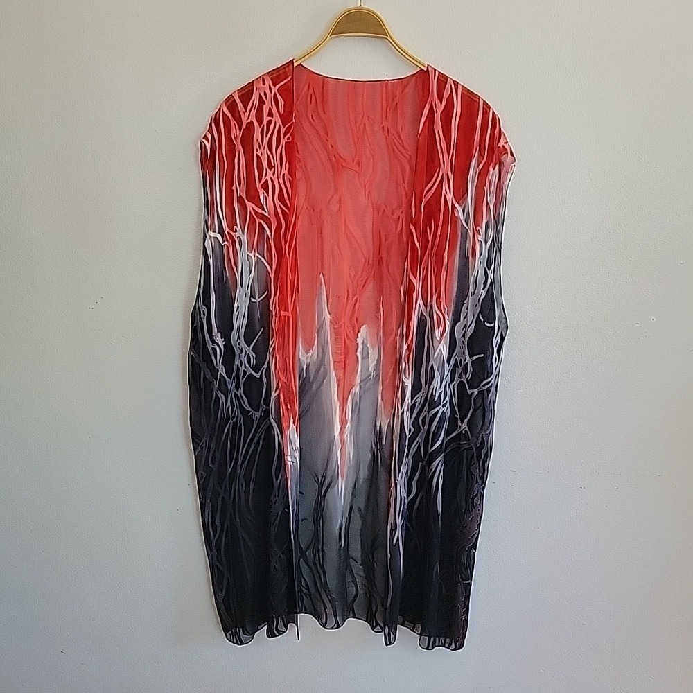 Sleeveless Kimono Red Black Burnout Sheer Open Front Fairy Goth Witchy